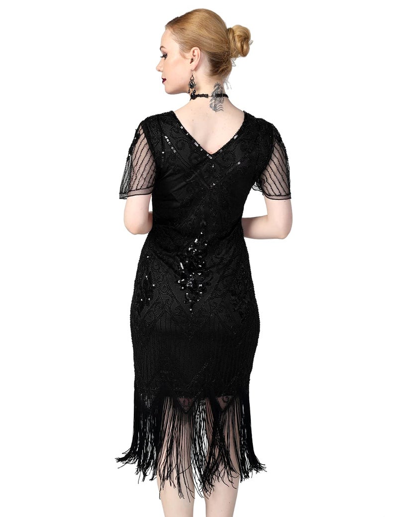 PrettyGuide Women's 1920s Dress Vintage Fringed Flapper Dress with Sleeve L Black - Image 4